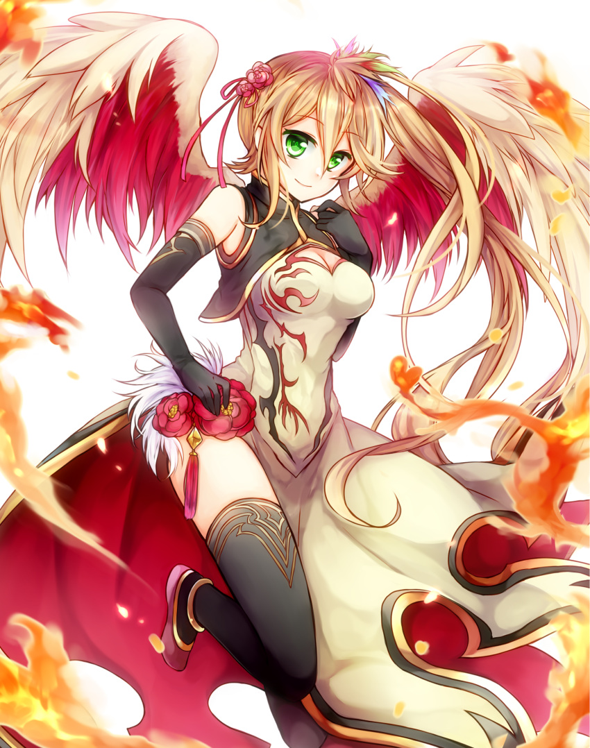 1girl, bird_wings, black_gloves, black_legwear, breasts, brown_hair, china_dress, chinese_clothes, cleavage, commentary_request, dress, elbow_gloves, fire, flower, gloves, green_eyes, hand_on_hip, highres, kanataww, leilan_(p&amp;d), long_hair, medium_breasts, puzzle_&amp;_dragons, side_ponytail, side_slit, smile, solo, thigh-highs, vest, wings