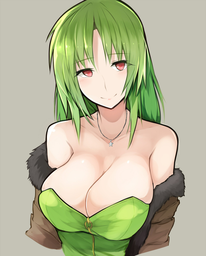 1girl, breasts, cleavage, eyebrows_visible_through_hair, fate/apocrypha, fate_(series), green_hair, highres