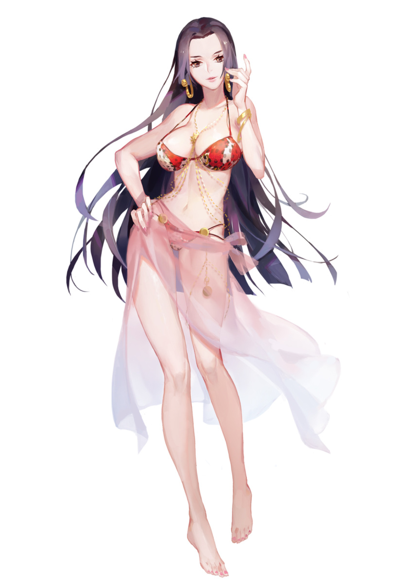 1girl, barefoot, between_breasts, bikini, black_hair, boa_hancock, bracelet, breasts