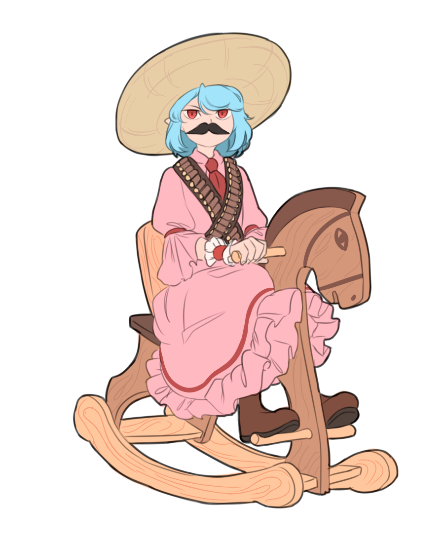 blue_hair, boots, brown_footwear, bullet, cosplay, dress, emiliano_zapata, facial_hair