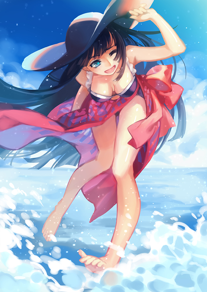1girl, :d, barefoot, bikini, blue_eyes, breasts, breasts_apart, carrot_(supercarrot), commentary_request, fate/grand_order, fate_(series), hat, leaning_forward, long_hair, looking_at_viewer, medium_breasts, ocean, one_eye_closed, open_mouth, purple_hair, saint_martha, saint_martha_(swimsuit_ruler)_(fate), sarong, smile, solo, sun_hat, swimsuit, very_long_hair, water