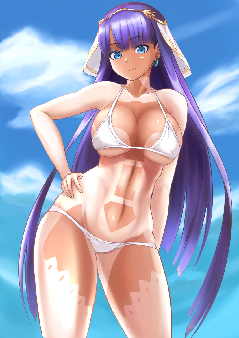 1girl, bikini, blue_eyes, breasts, cleavage, collarbone, commentary_request, earrings