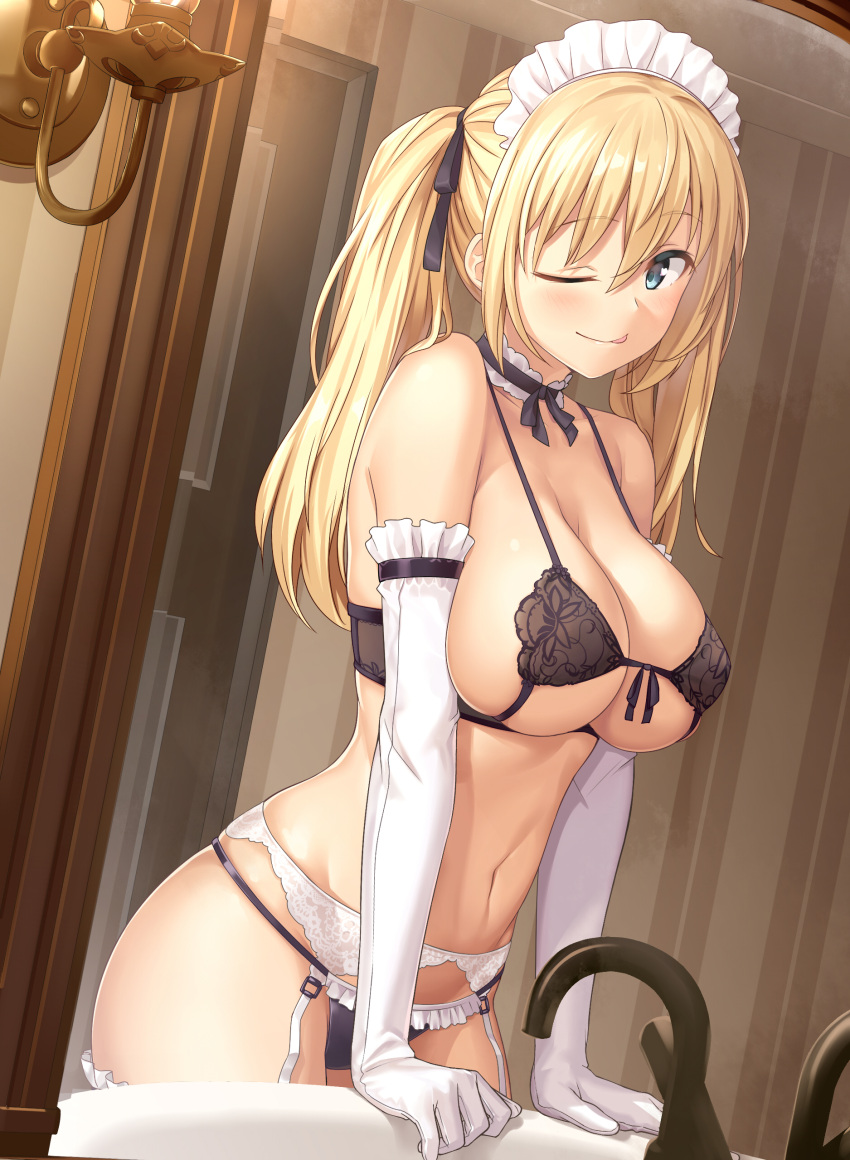 1girl, ;p, absurdres, bangs, black_ribbon, blonde_hair, blue_eyes, blush