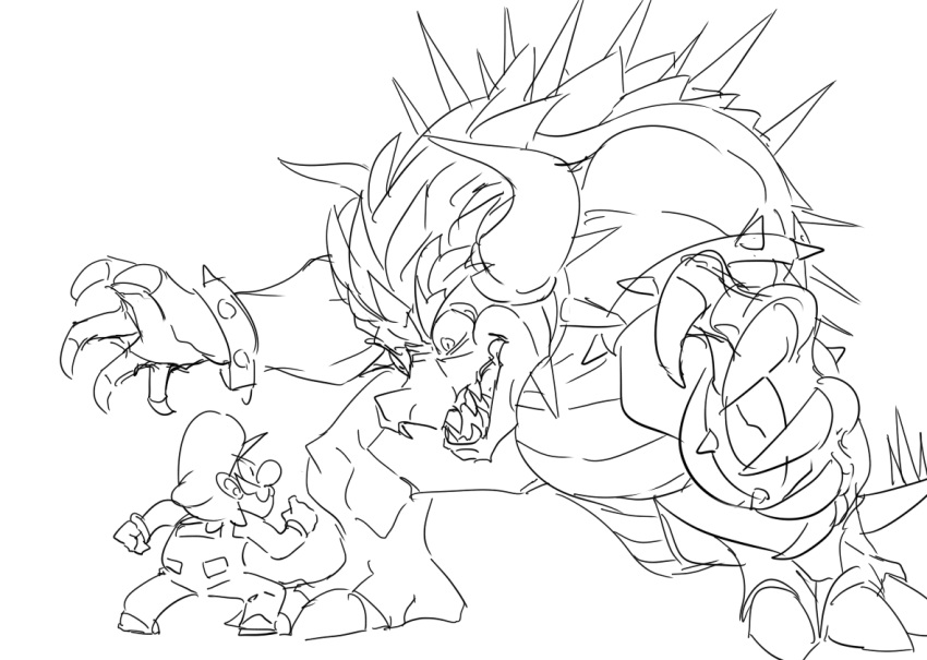 2boys, bowser, facial_hair, fangs, giga_bowser, gloves, hat, mario