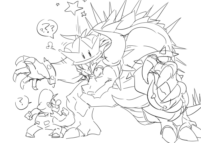 2boys, ?, bowser, crown, facial_hair, fangs, giga_bowser, gloves
