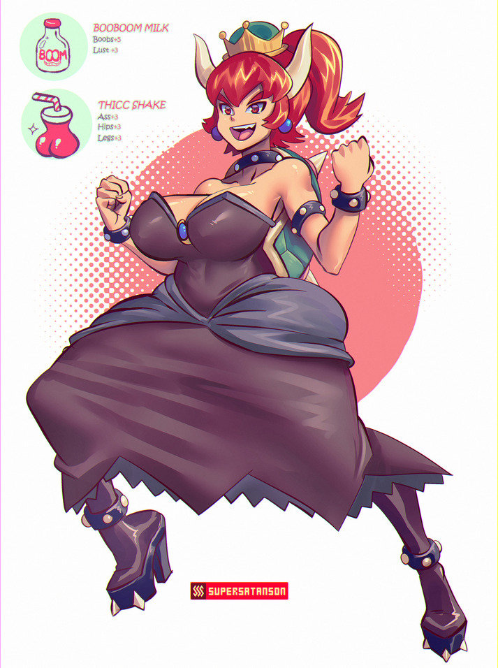 artist_name, black_dress, boots, bowser, bowsette, breasts, collarbone, dark_skin