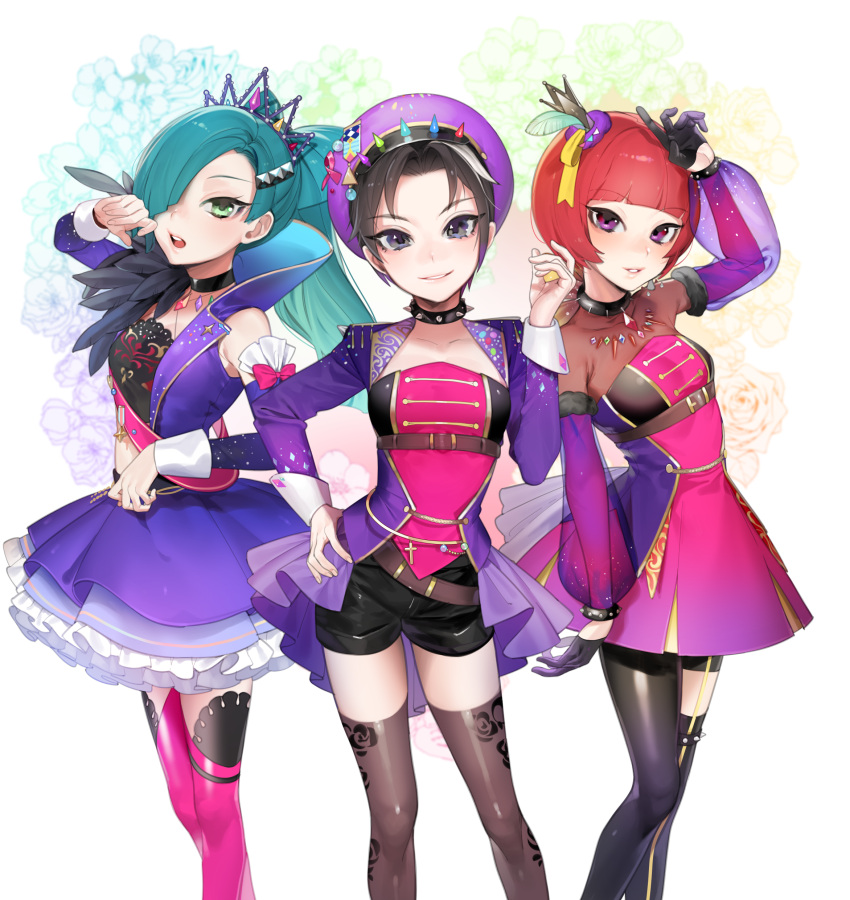 3girls, absurdres, aqua_hair, bangs, bare_shoulders, belt, black_gloves, black_hair