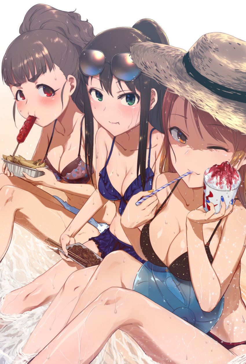 3girls, ao_(aocooler), ball, beachball, bikini, black_bikini, black_hair, blue_bikini