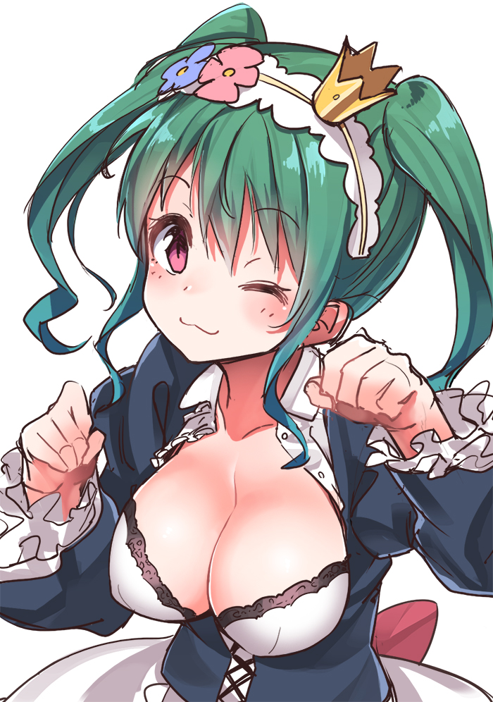 1girl, ;3, breasts, cleavage, crown, eyebrows_visible_through_hair, frills, green_hair