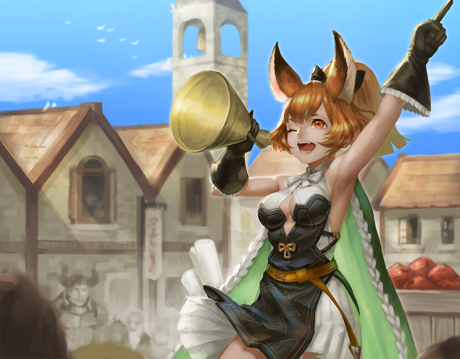 1girl, animal_ears, bare_shoulders, bell, blue_sky, breasts, brown_eyes, brown_hair