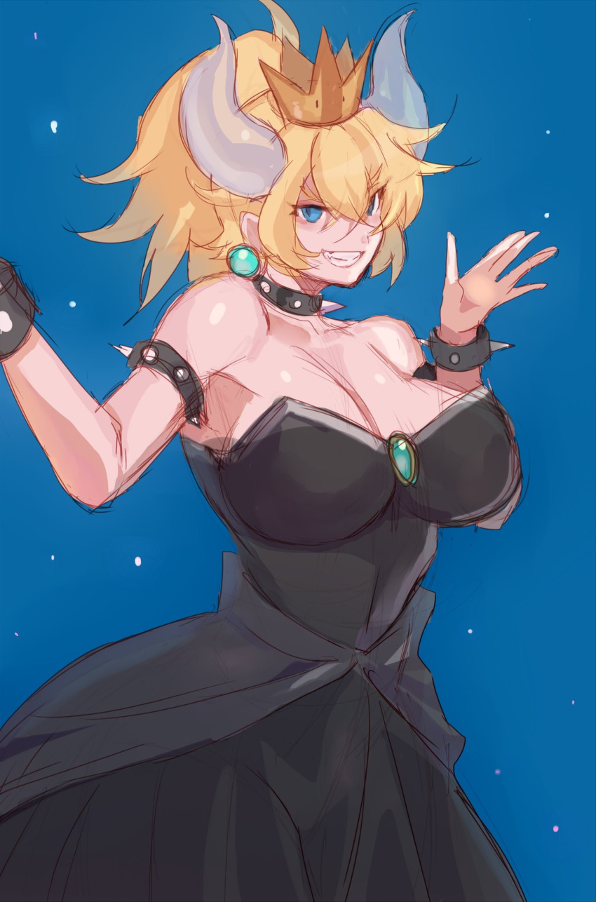1girl, :d, armlet, bare_shoulders, black_dress, blonde_hair, blue_background, blue_eyes, borrowed_design, bowser, bowsette, bracelet, breasts, cleavage, collar, crown, dekaketsudekaketsu, dress, earrings, fang, gem, genderswap, genderswap_(mtf), hands_up, highres, horns, jewelry, large_breasts, looking_at_viewer, super_mario_bros., new_super_mario_bros._u_deluxe, nintendo, open_mouth, ponytail, shrug, simple_background, sketch, smile, smirk, spiked_armlet, spiked_bracelet, spiked_collar, spikes, standing