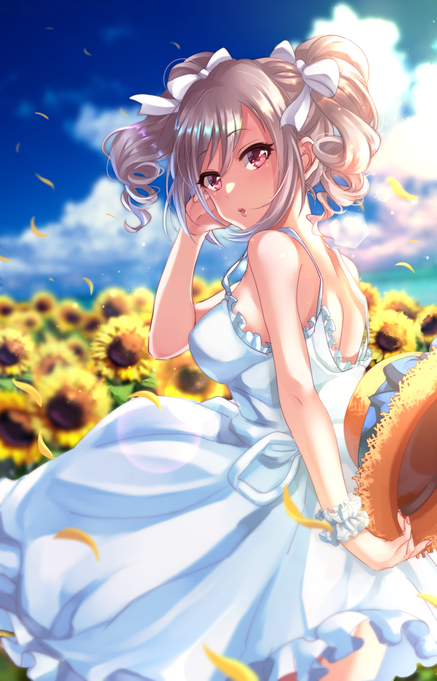 1girl, :o, back, blurry, bow, breasts, clouds, commentary_request