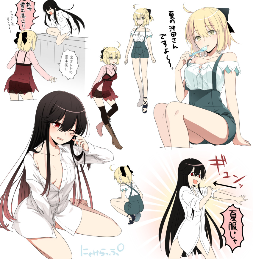 2girls, ankle_lace-up, babydoll, bare_shoulders, black_bow, black_hair, black_pants, blonde_hair, boots, bow, breasts, brown_footwear, buttons, cleavage, collarbone, collared_shirt, cross-laced_footwear, dress_shirt, fate/grand_order, fate_(series), gradient_hair, highres, jewelry, kneeling, knees, koha-ace, lace-up_boots, long_hair, long_sleeves, multicolored_hair, multiple_girls, necklace, nyakelap, oda_nobunaga_(fate), okita_souji_(fate)_(all), open_clothes, open_mouth, open_shirt, pants, pink_sweater, ponytail, red_eyes, red_skirt, redhead, sandals, shirt, short_hair, short_shorts, shorts, sitting, skirt, sleeves_past_wrists, sleeves_rolled_up, suspender_shorts, suspenders, sweater, tearing_up, thigh-highs, translated, two-tone_hair, white_shirt, yellow_eyes, yokozuwari