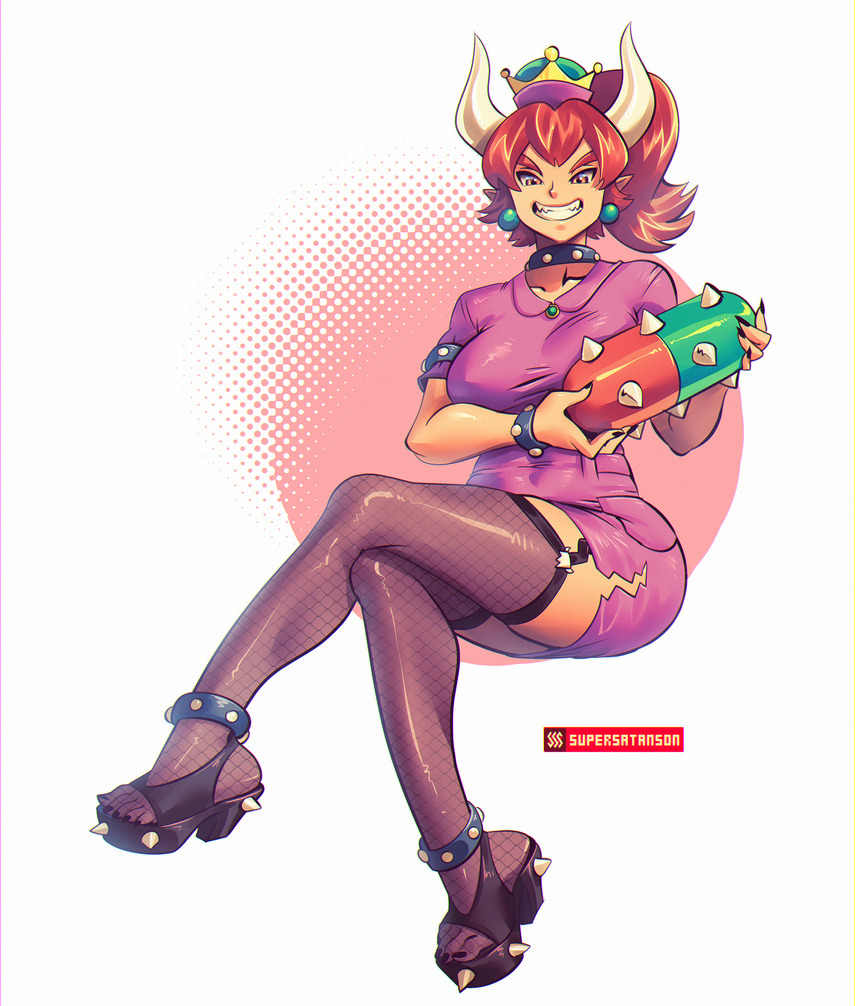 1girl, anklet, armlet, artist_name, black_footwear, black_nails, bowser, bowsette