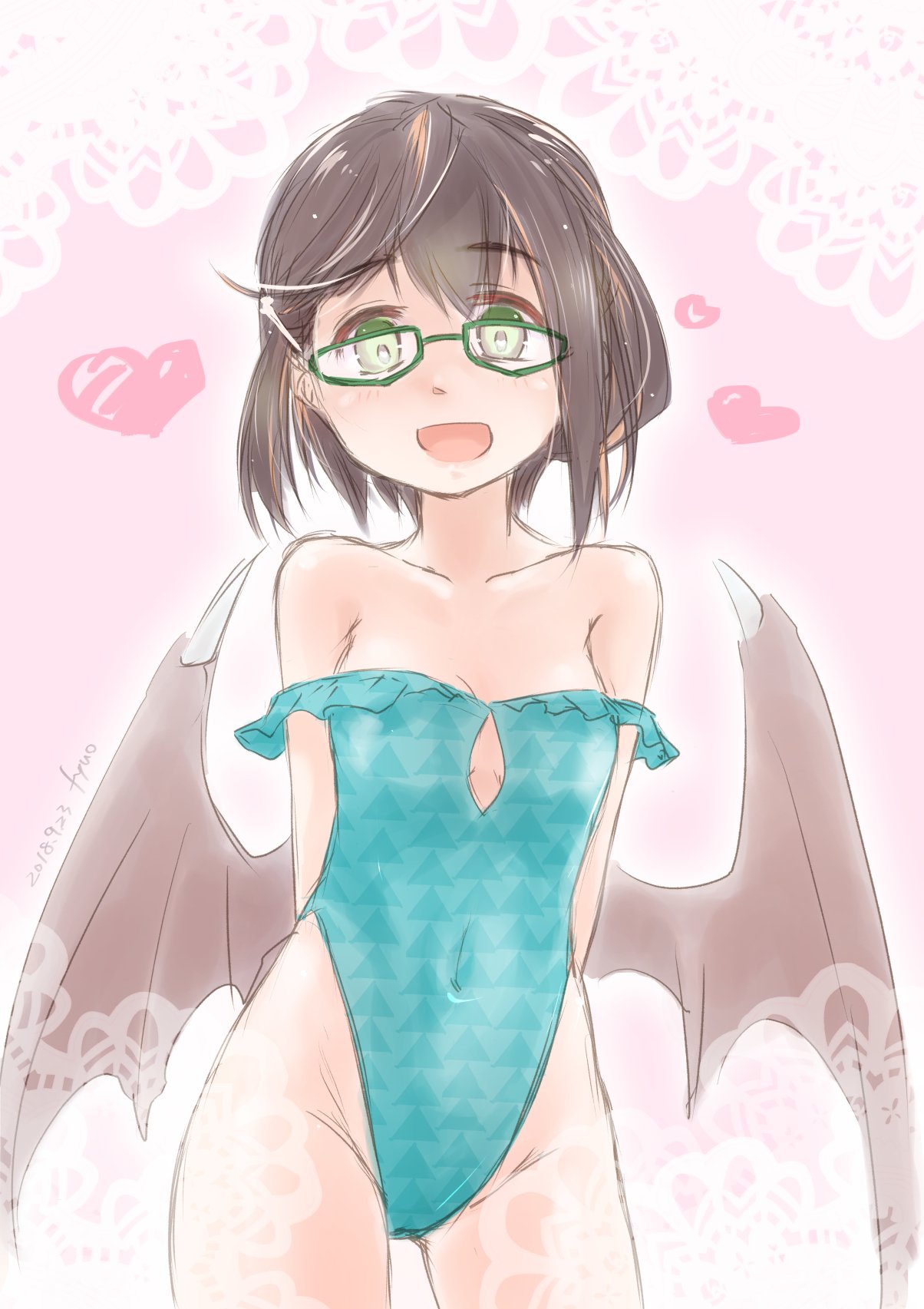 1girl, adapted_costume, aqua_swimsuit, arms_behind_back, bat_wings, brown_hair, cleavage_cutout, commentary_request