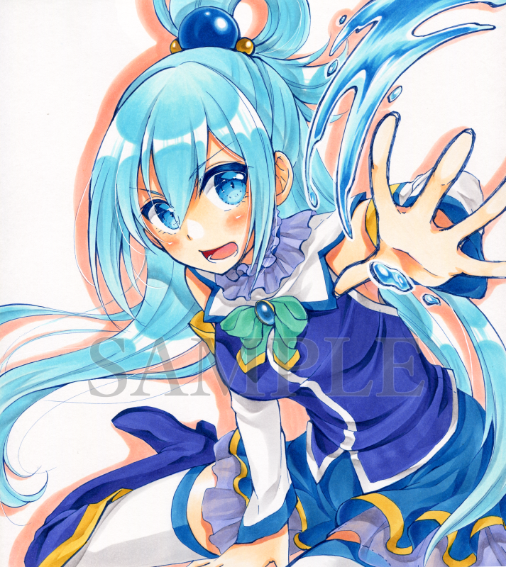 1girl, aqua_(konosuba), aqua_eyes, aqua_hair, blue_legwear, boots, breasts, detached_sleeves