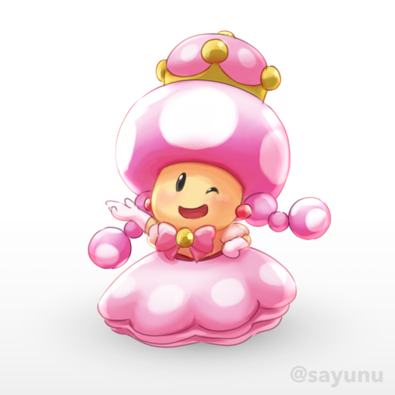 1girl, ;d, artist_name, black_eyes, blush, bow, bowtie, crown, dress, earrings, elbow_gloves, full_body, gloves, jewelry, looking_at_viewer, super_mario_bros., nintendo, one_eye_closed, open_mouth, pink_bow, pink_dress, pink_hair, sayuri_(sayunu), simple_background, smile, standing, super_crown, super_mario_bros., toadette