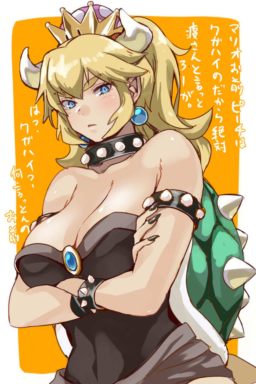 1girl, armlet, bangs, bare_shoulders, black_dress, black_nails, blonde_hair, blue_eyes