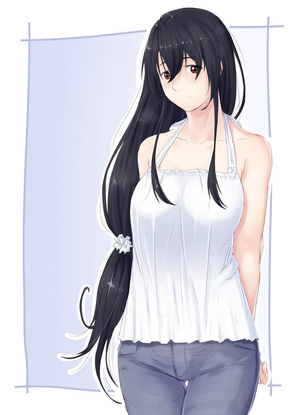 1girl, arms_behind_back, black_hair, blue_background, blush, brown_eyes, camisole, casual