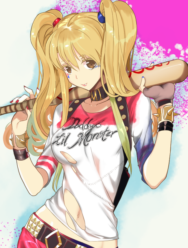 1girl, backpack, bag, baseball_bat, belt, blonde_hair, bracelet, breasts