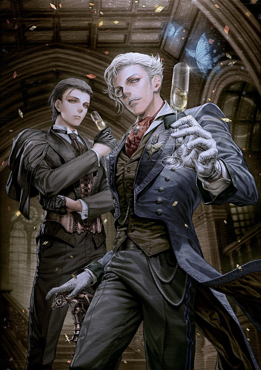 2boys, alcohol, baharux, black_hair, blue_eyes, champagne, champagne_flute, cup, drinking_glass, facial_hair, fate/grand_order, fate_(series), formal, glasses, gloves, highres, james_moriarty_(fate/grand_order), looking_at_viewer, male_focus, monocle, multiple_boys, mustache, sherlock_holmes_(fate/grand_order), suit, waistcoat, white_hair