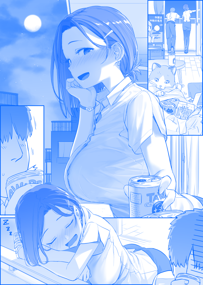 1boy, 1girl, :d, balcony, bangs, beer_can, blush, breasts