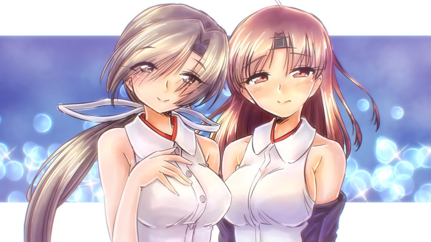 2girls, armpit_crease, bare_shoulders, blouse, blurry, blush, bokeh, breasts