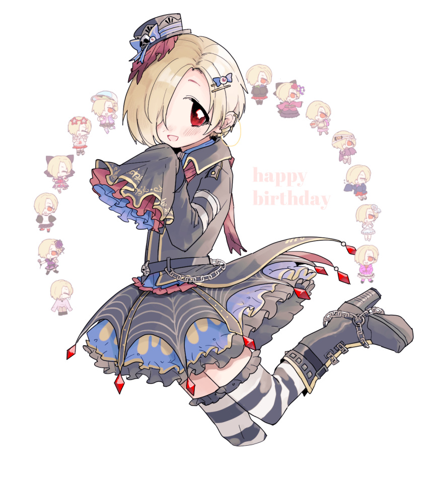 1girl, blonde_hair, boots, chains, ear_piercing, eyeball_hair_ornament, frilled_hat, frilled_skirt