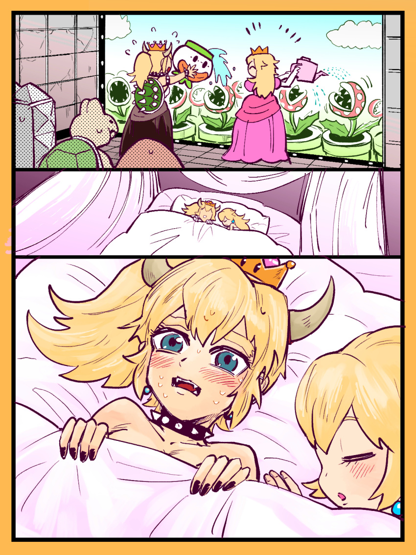 2girls, bare_shoulders, bed, black_dress, black_nails, blonde_hair, blue_eyes, blush, bowser, bowsette, bracelet, closed_eyes, collar, comic, crown, dress, earrings, fangs, flying_sweatdrops, genderswap, genderswap_(mtf), goomba, highres, horns, jewelry, koopa_clown_car, koopa_troopa, lying, super_mario_bros., multiple_girls, nail_polish, new_super_mario_bros._u_deluxe, nintendo, nude, on_back, pink_dress, piranha_plant, ponytail, princess_peach, sleeping, spiked_bracelet, spiked_collar, spikes, super_crown, super_mario_bros., sweat, t_atarou, turtle_shell, warp_pipe, watering, yuri