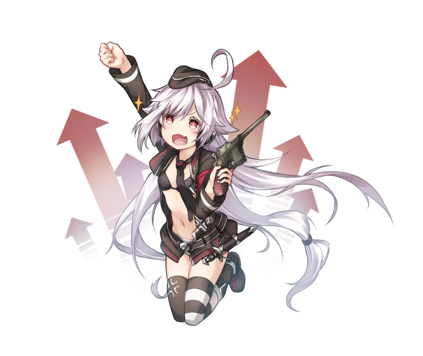 1girl, :d, ahoge, arm_up, bikini_top, black_bikini_top, black_footwear, black_hat