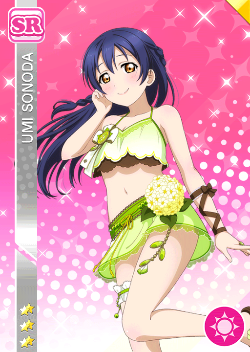 bikini, blue_hair, blush, brown_eyes, character_name, fruits, long_hair, love_live!_school_idol_festival