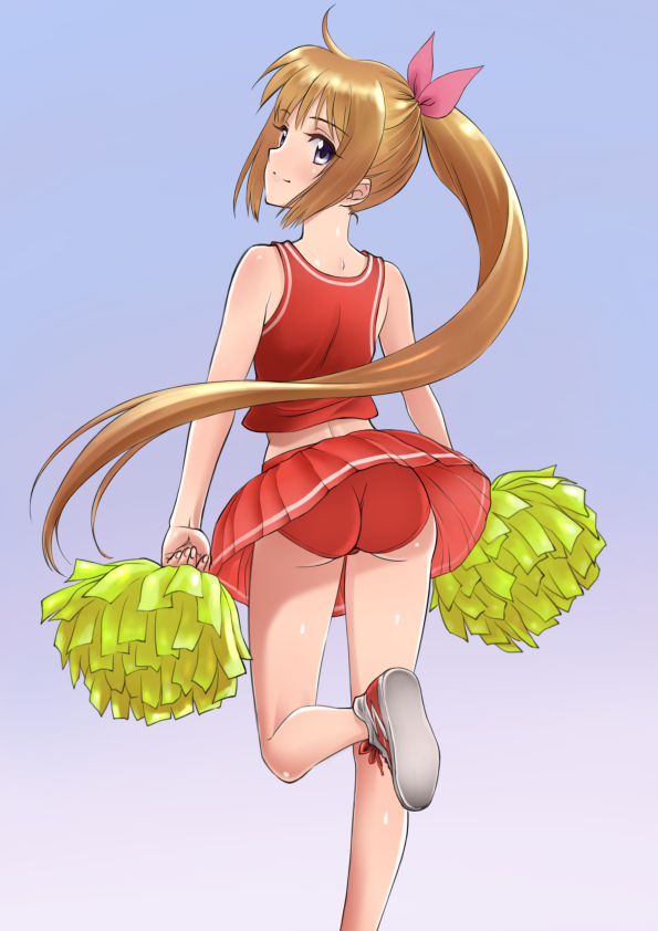 1girl, ass, blue_background, blue_eyes, bow, brown_hair, buruma, chaborin
