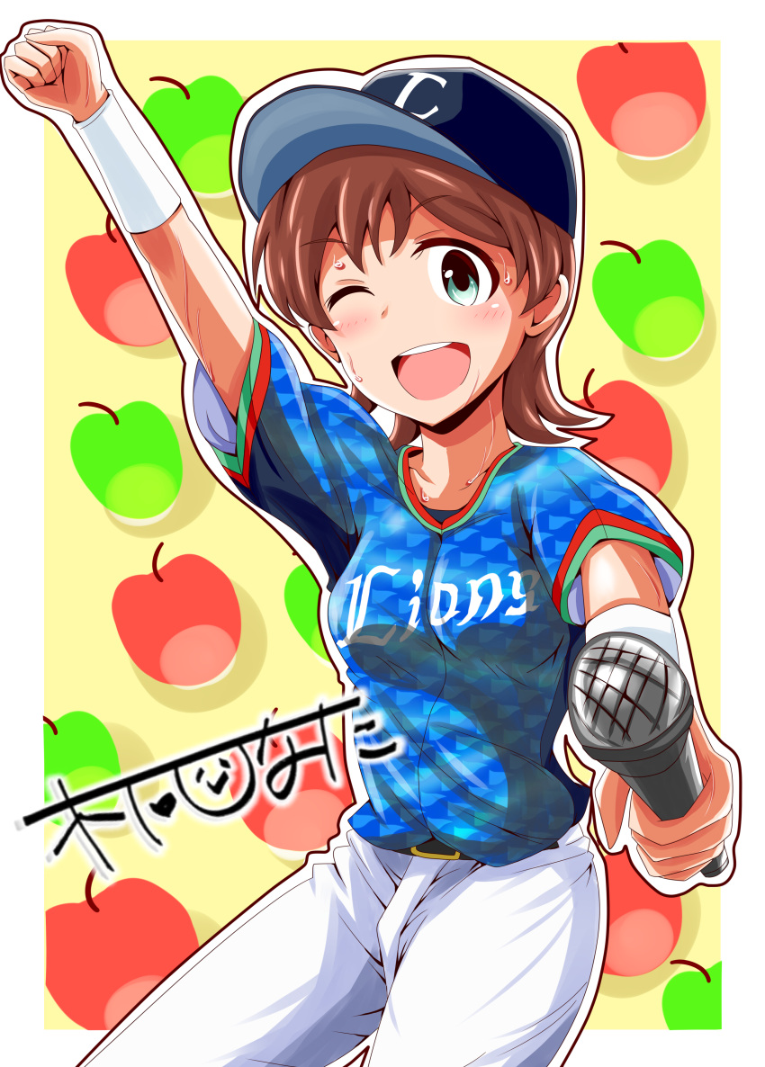 1girl, ;d, absurdres, apple, arm_up, baseball_cap, belt, blush