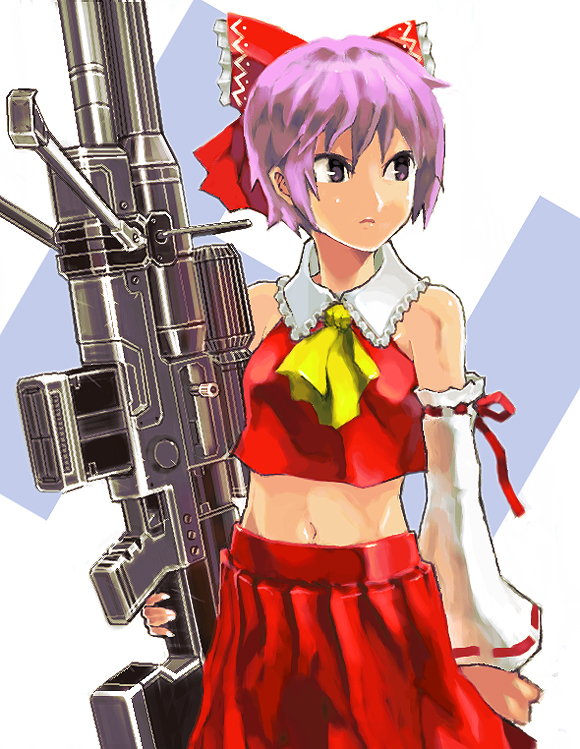 anti-materiel_rifle, cosplay, crossover, detached_sleeves, gun, hakurei_reimu, hakurei_reimu_(cosplay), halo_(game), japanese_clothes, miko, nagato_yuki, rifle, sniper_rifle, sochie, solo, srs99, suzumiya_haruhi_no_yuuutsu, touhou, weapon