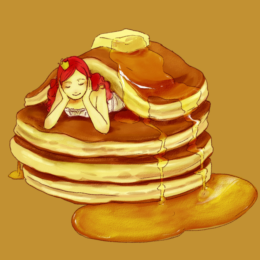 1girl, brown_background, butter, closed_eyes, crown, food, head_rest, in_food, long_hair, original, pancake, redhead, simple_background, smile, solo, stack_of_pancakes, syrup, ukako