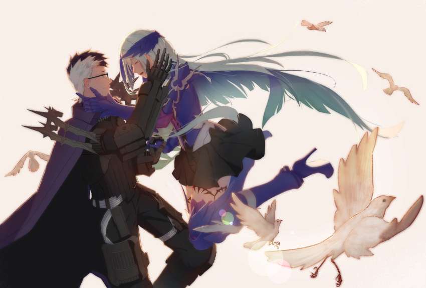 1boy, 1girl, aqua_hair, armor, armored_boots, armored_dress, bird, black_clothes, black_skirt, boots, brynhildr_(fate), closed_eyes, commentary_request, fate/prototype, fate/prototype:_fragments_of_blue_and_silver, fate_(series), gauntlets, glasses, gloves, headpiece, high_heels, highres, husband_and_wife, knee_boots, long_hair, multicolored_hair, open_mouth, sigurd_(fate/grand_order), simple_background, skirt, smile, suguru_(a129214673), very_long_hair, violet_eyes