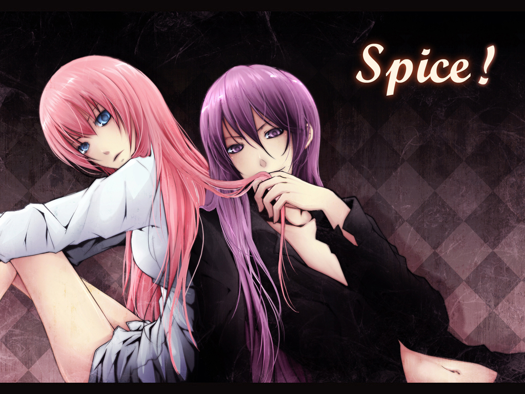 blue_eyes, kamui_gakupo, megurine_luka, nyaroro, pink_hair, purple_eyes, purple_hair, spice!_(vocaloid)