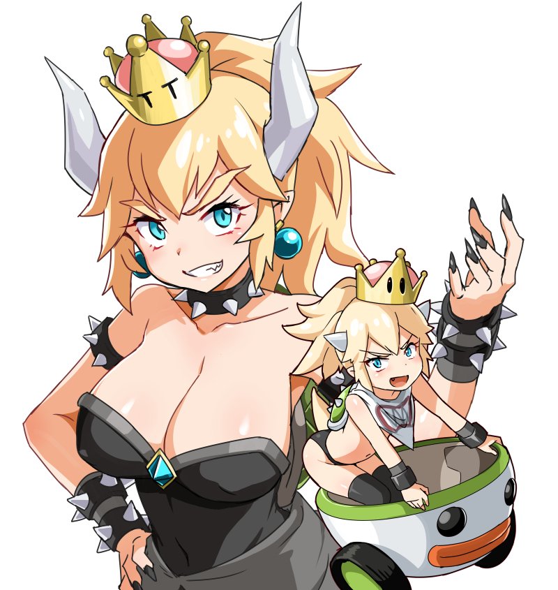 2girls, armlet, bare_shoulders, black_dress, black_nails, blonde_hair, blue_eyes, borrowed_design, bowser, bowser_jr., bowsette, bracelet, breasts, brown_hair, cleavage, collar, crown, dress, earrings, facial_hair, fang, genderswap, genderswap_(mtf), grin, horns, jewelry, koopa_clown_car, koopa_shell, large_breasts, long_hair, looking_at_viewer, super_mario_bros., multiple_girls, nail_polish, new_super_mario_bros._u_deluxe, nintendo, petanko, ponytail, riding, scarf, shirtless, simple_background, smile, spiked_armlet, spiked_bracelet, spiked_collar, spikes, super_crown, sweat, t_t, thick_eyebrows, thigh-highs, upper_body, white_background, zaxwu