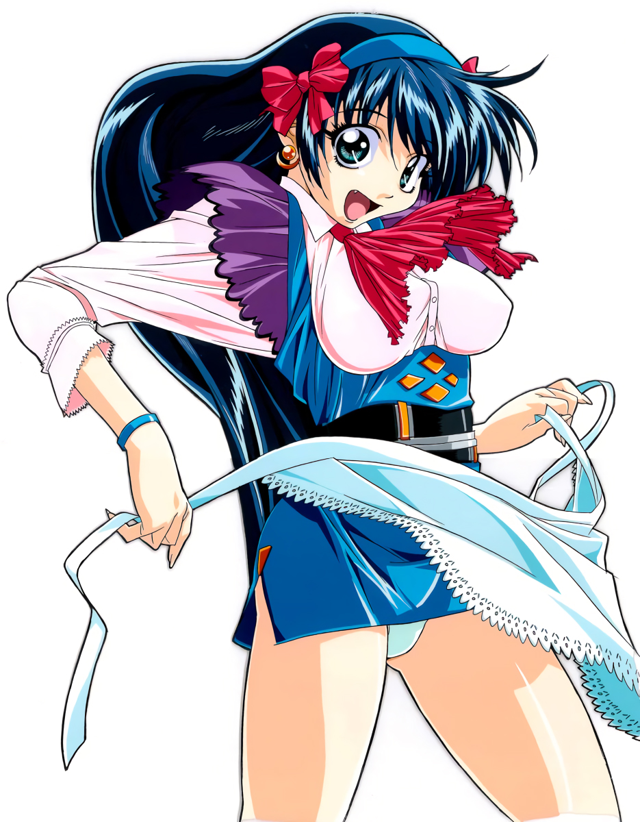 1girl, apron, apron_removed, aqua_eyes, blue_hair, bracelet, earrings, fang