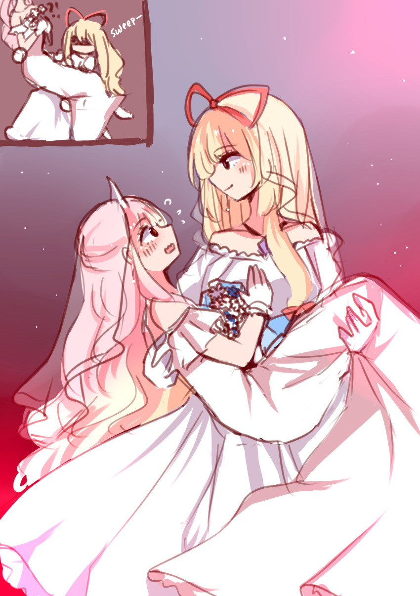 !?, 2girls, absurdres, alternate_costume, bare_shoulders, blonde_hair, bouquet, bow, bridal_veil, carrying, commentary, dress, flower, flying_sweatdrops, gloves, hair_bow, highres, holding, holding_bouquet, long_hair, looking_at_another, multiple_girls, open_mouth, pink_hair, princess_carry, red_bow, ria_(917_ria), saigyouji_yuyuko, shaded_face, sketch, smile, touhou, veil, very_long_hair, wedding, wedding_dress, white_dress, white_gloves, yakumo_yukari, yuri