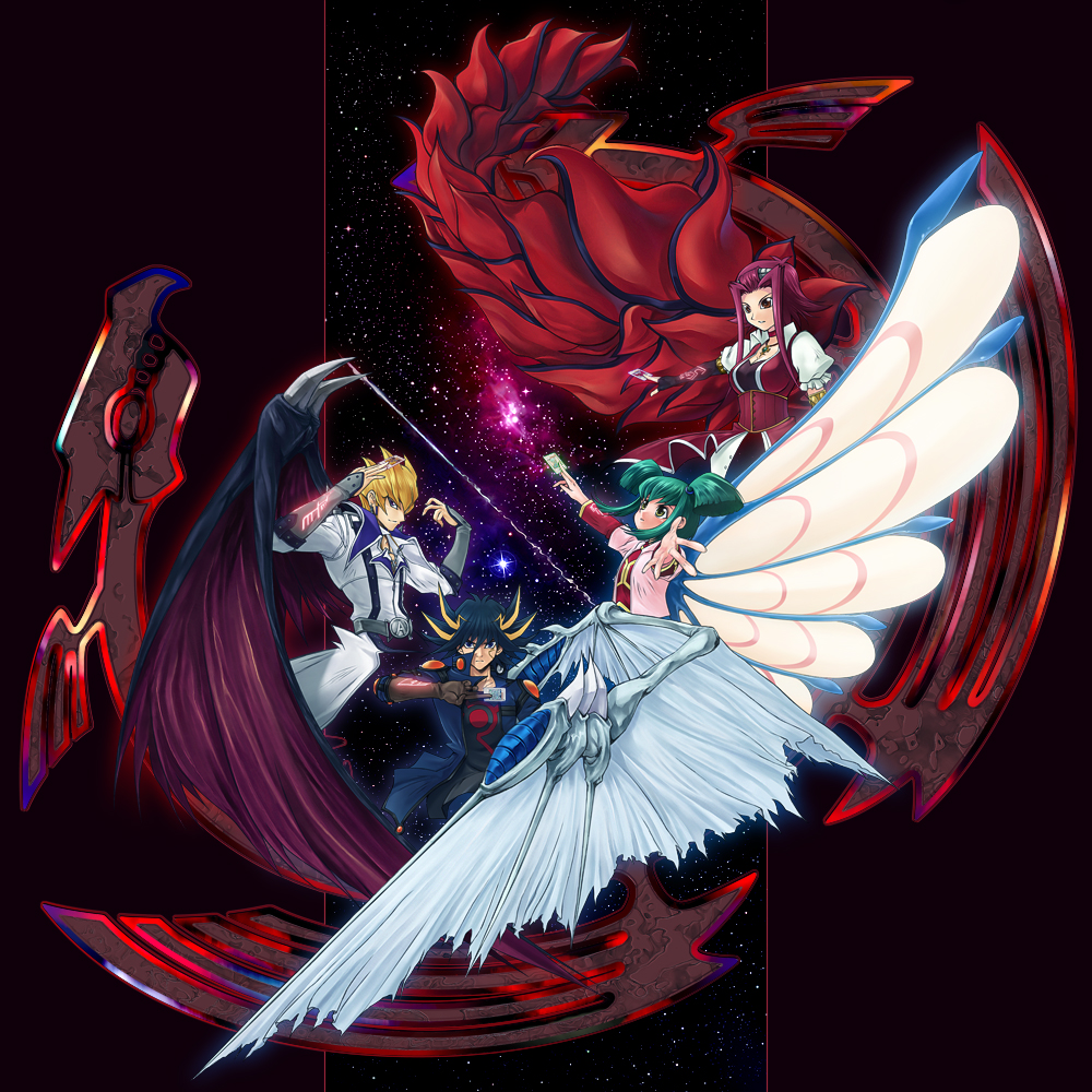2boys, 2girls, black_gloves, black_hairband, black_pants, black_shirt, black_wings, blonde_hair