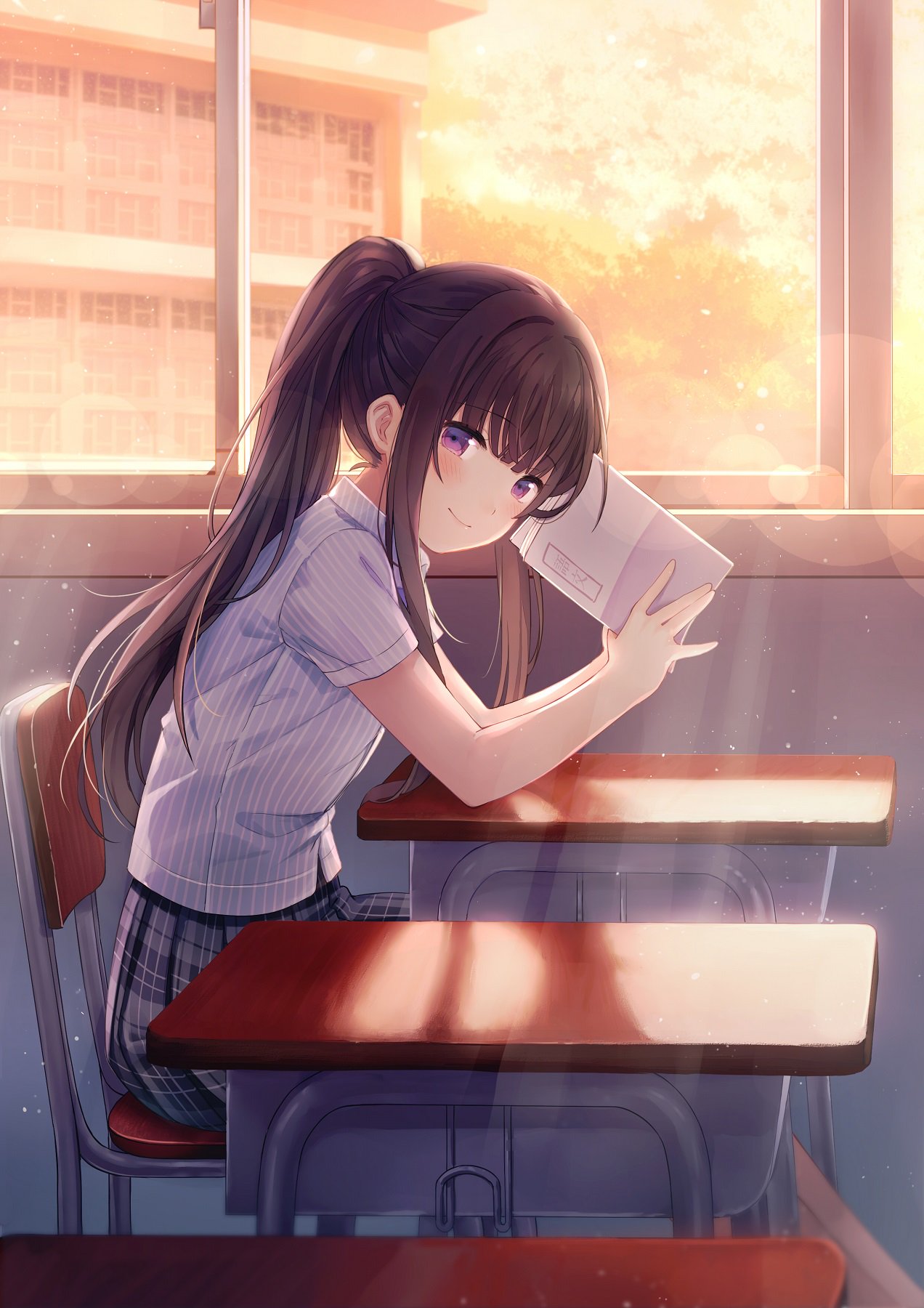 1girl, bangs, blush, book, building, classroom, closed_mouth, commentary_request