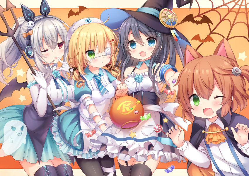 4girls, :d, :o, ;3, ;d, ;p, absurdres, animal_ear_headphones