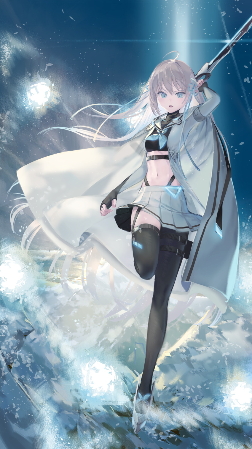 1girl, abs, absurdres, ahoge, bangs, black_gloves, black_legwear, blonde_hair