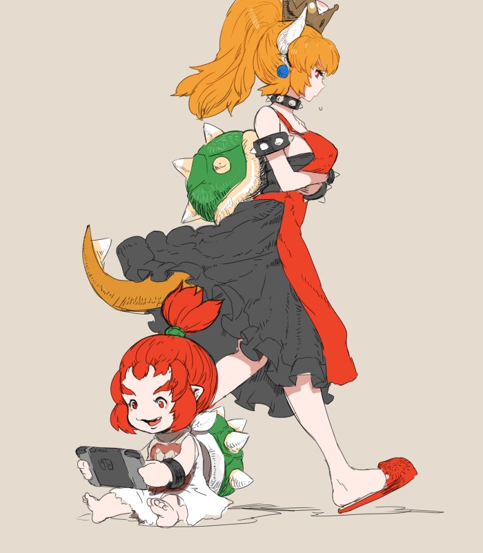2girls, apron, bandanna, black_dress, blonde_hair, bowser, bowser_jr., bowsette