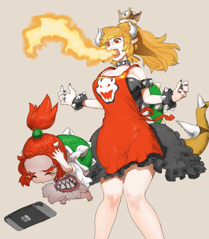 2girls, apron, black_dress, black_nails, blonde_hair, bowser, bowser_jr., bowsette