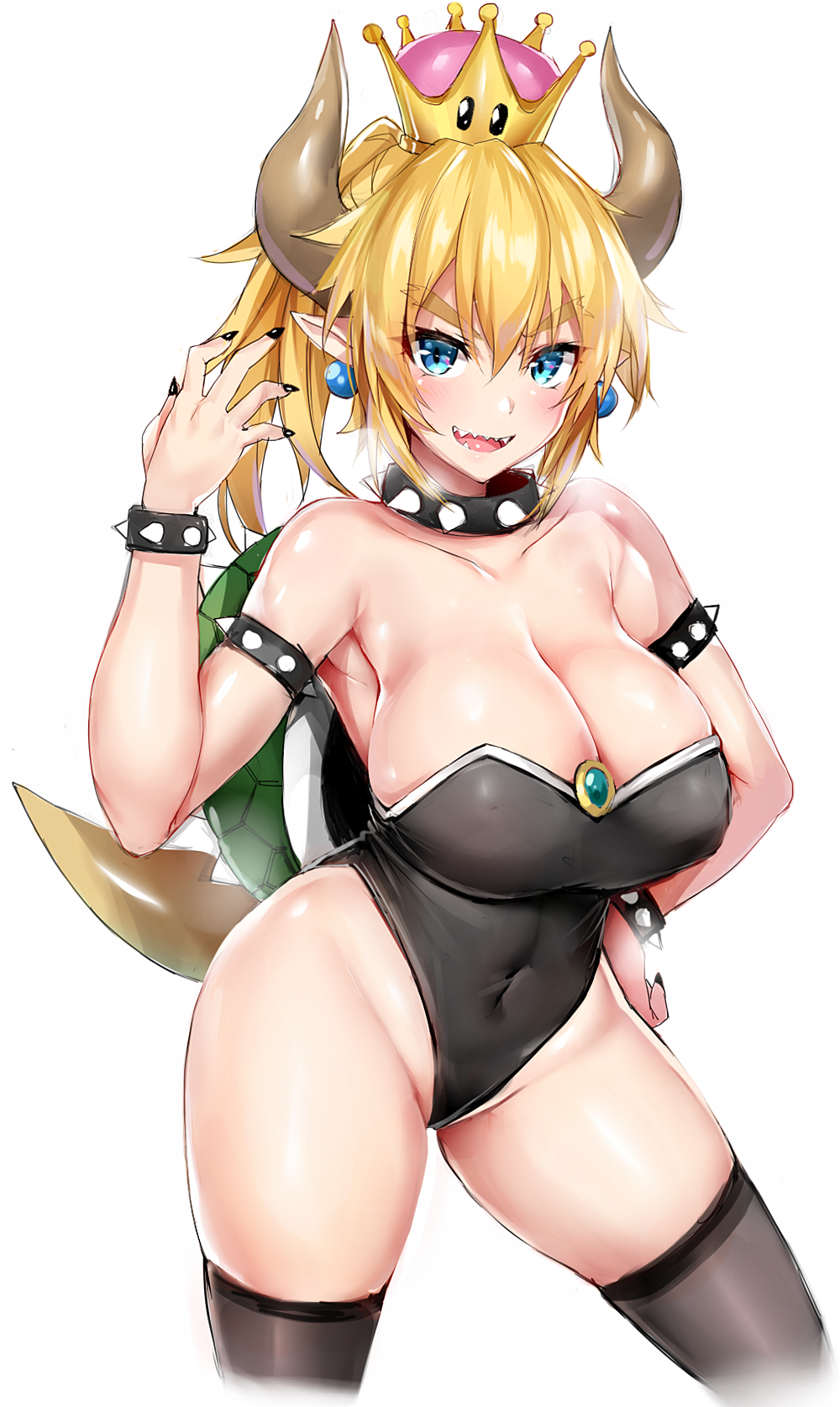 1girl, black_nails, blonde_hair, blue_eyes, blue_gk, blush, bowsette, bracelet
