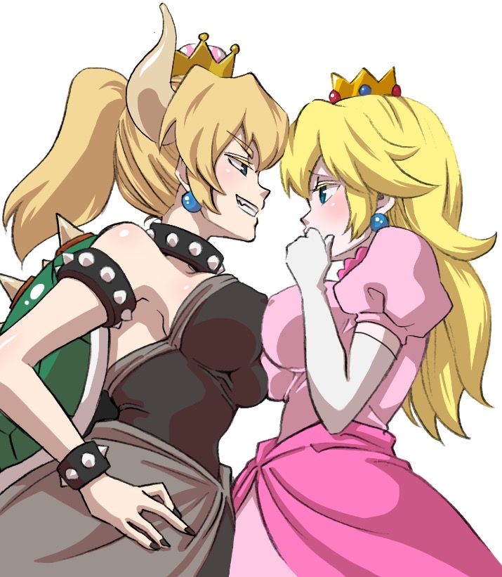 2girls, black_nails, blonde_hair, blue_eyes, bowsette, bracelet, breast_press, breasts, collar, commentary_request, crown, dress, earrings, elbow_gloves, face-to-face, genderswap, genderswap_(mtf), gloves, grin, horns, jewelry, large_breasts, long_hair, looking_at_another, super_mario_bros., multiple_girls, nail_polish, new_super_mario_bros._u_deluxe, nintendo, pink_dress, ponytail, princess_peach, puffy_short_sleeves, puffy_sleeves, risapaso, shell, short_sleeves, smile, spiked_bracelet, spiked_collar, spikes, strapless, strapless_dress, super_crown, super_mario_bros., symmetrical_docking, white_background, white_gloves, yuri