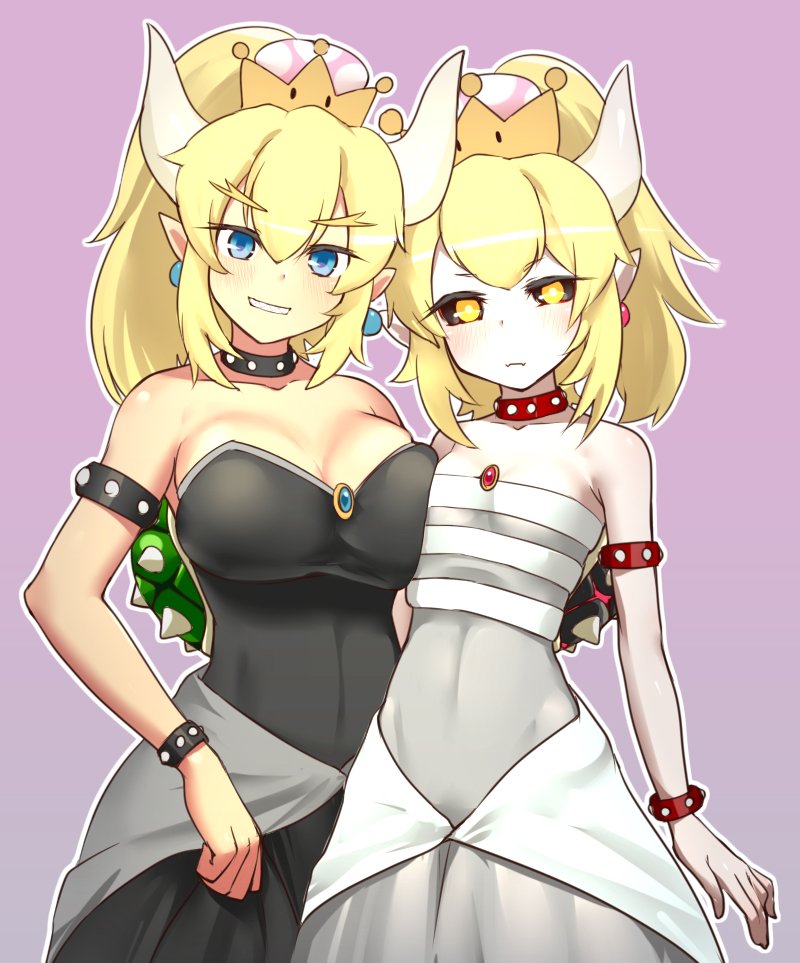 2girls, artist_request, asymmetrical_docking, bare_shoulders, black_dress, black_sclera, blonde_hair, blush