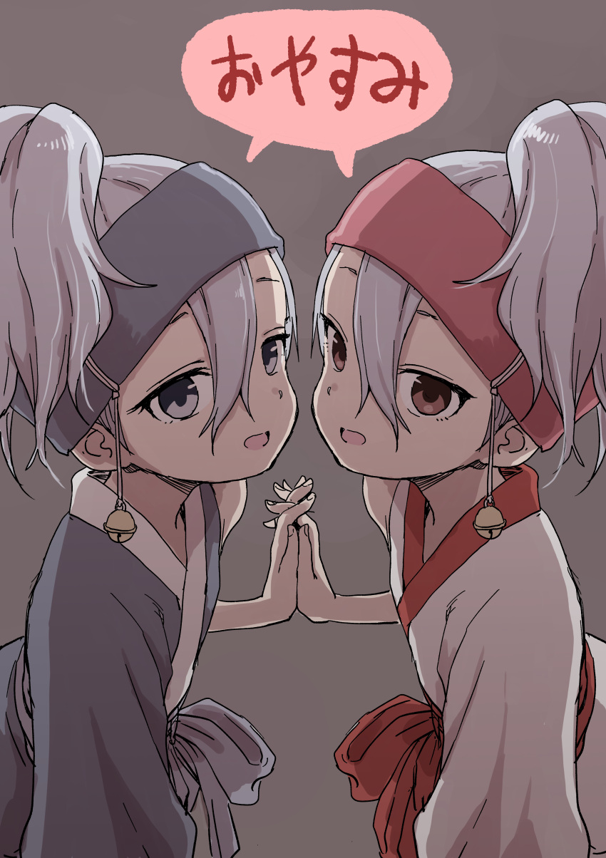 2girls, absurdres, bell, brown_eyes, fingernails, grey_background, hand_holding, headband